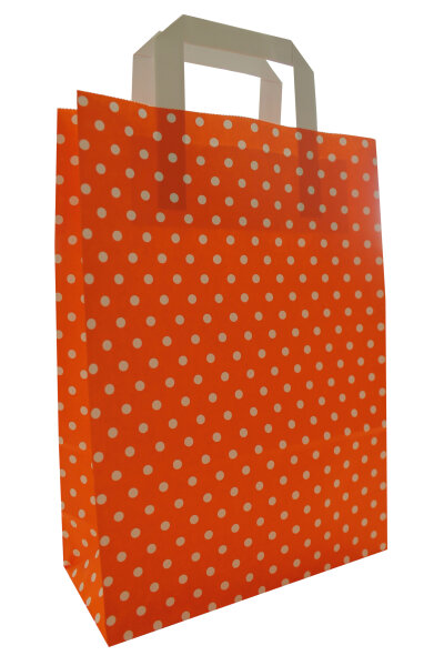 Papiertragetasche "PUNKTE", 80 g/qm, 18 + 8 x 22 cm, orange mit weißen Punkten, 10 Stück