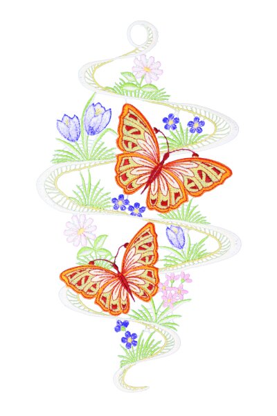 Fensterbild "Schmetterlingstanz" farbig, 20 x 34 cm, Plauener Spitze