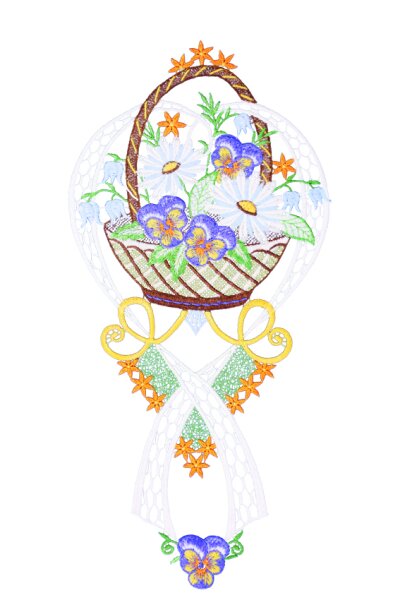 Fensterbild "Frühlingskorb" farbig, 18 x 37 cm, Plauener Spitze