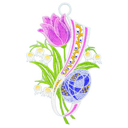 Fensterbild "Tulpe und Ei", farbig, 15 x 23 cm, Plauener Spitze