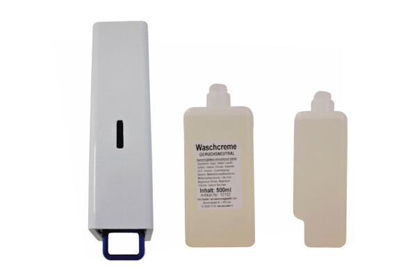 Seifenspender Kunststoff weiß (70429), mit 1 Karton / 12 Kartuschen Seifencreme Neutral 500 ml