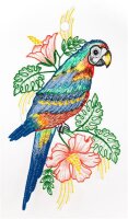 Fensterbild "Papagei" farbig, 20 x 34 cm, Original Plauener Spitze