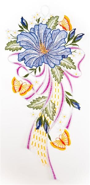 Fensterbild "Hibiskusblüte" farbig, 20 x 43 cm, Original Plauener Spitze