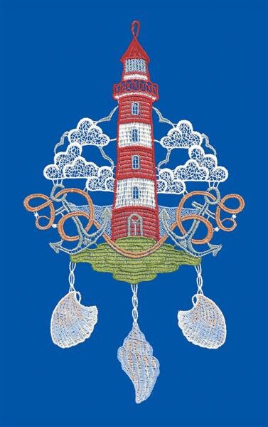 Fensterbild "Leuchtturm" farbig, 17 x 30 cm, Original Plauener Spitze