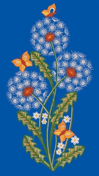 Fensterbild "Pusteblumen" farbig, 21 x 40 cm, Original Plauener Spitze