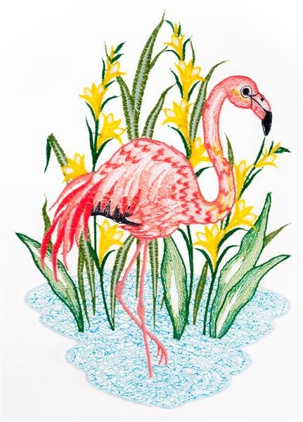 Fensterbild "Flamingo" farbig, 22 x 30 cm, Original Plauener Spitze