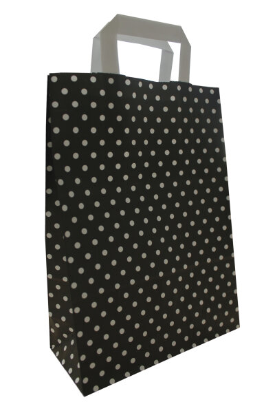 Papiertragetaschen "PUNKTE", 80 g/qm, 22 + 10 x 31 cm, schwarz mit weißen Punkten, 25 Stück