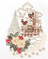 Fensterbild "Weihnachtspost" farbig, 21 x 26 cm, Original Plauener Spitze