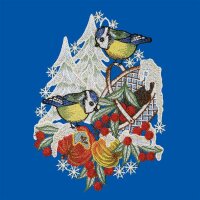 Fensterbild "Wintermeisen" farbig, 21 x 28 cm, Original Plauener Spitze