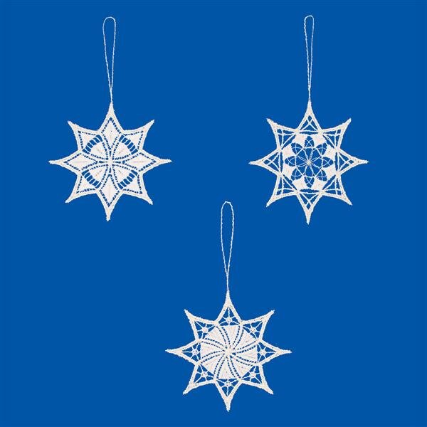 Baumbehang "Sterne" ecru-weiß mit Bauschgarn, 3er Set, 9 x 9 cm, Original Plauener Spitze