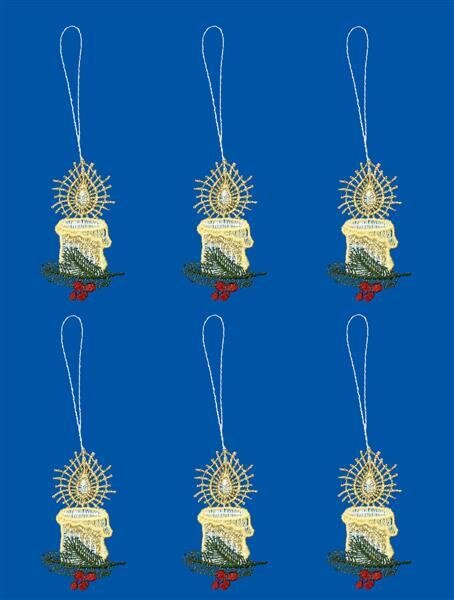 Baumbehang "Kerzen" 6er Set, 4,5 x 7 cm, Original Plauener Spitze, verschiedene Farben