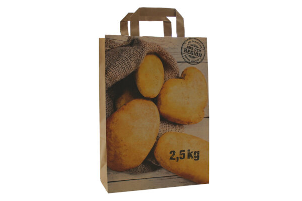 Papiertragetasche braun, Motiv: "Kartoffeln" 90g/qm, 22 + 10 x 31 cm für 2,5 kg, 50 Stück