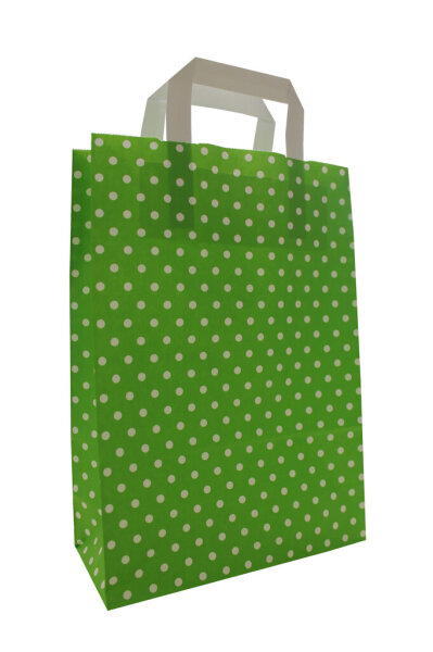 Papiertragetaschen "PUNKTE", 80 g/qm, 18 + 8 x 22 cm, grün mit weißen Punkten, 50 Stück